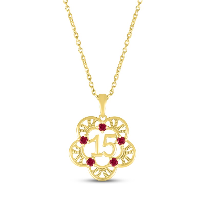 Main Image 1 of Lab-Created Ruby Quinceañera Flower Necklace 10K Yellow Gold 18&quot;