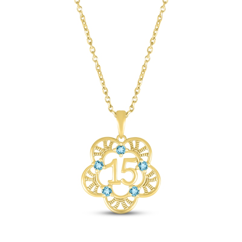 Swiss Blue Topaz Quinceañera Flower Necklace 10K Yellow Gold 18"