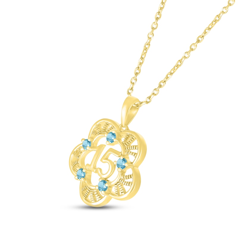 Swiss Blue Topaz Quinceañera Flower Necklace 10K Yellow Gold 18"