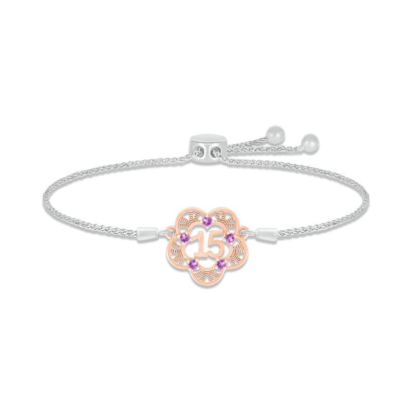 Main Image 1 of Amethyst Quinceañera Bolo Bracelet Sterling Silver & 10K Rose Gold