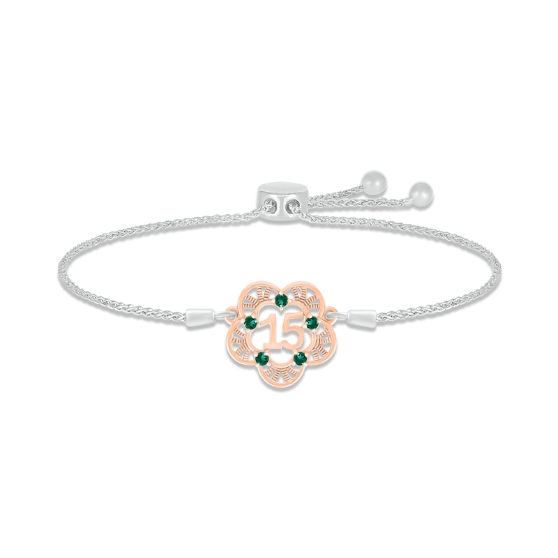 Lab-Created Emerald Quinceañera Bolo Bracelet Sterling Silver & 10K Rose Gold
