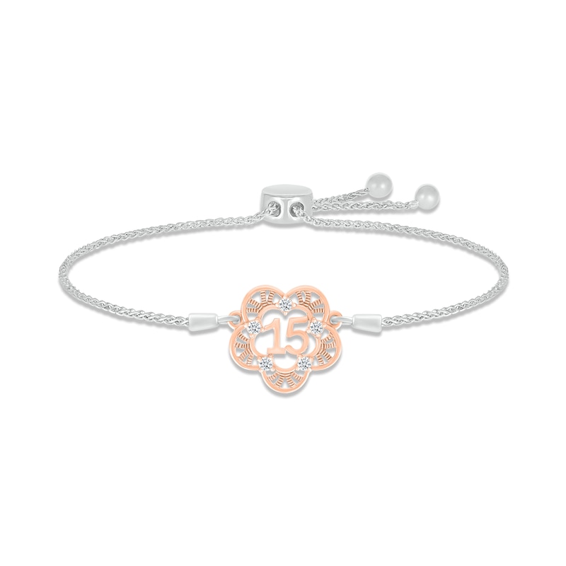 Main Image 1 of White Lab-Created Sapphire Quinceañera Bolo Bracelet Sterling Silver & 10K Rose Gold