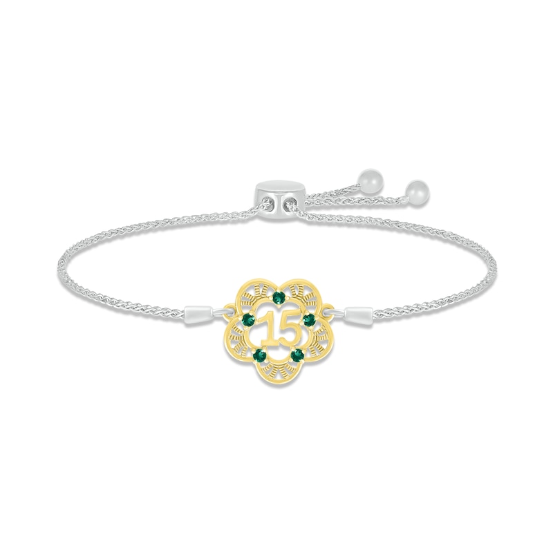 Lab-Created Emerald Quinceañera Bolo Bracelet Sterling Silver & 10K Yellow Gold