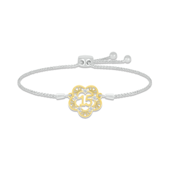 White Lab-Created Sapphire Quinceañera Bolo Bracelet Sterling Silver & 10K Yellow Gold