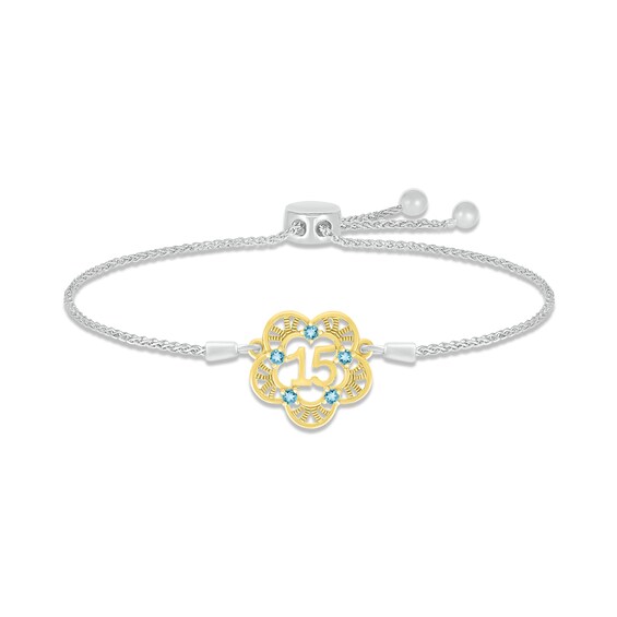 Swiss Blue Topaz Quinceañera Bolo Bracelet Sterling Silver & 10K Yellow Gold