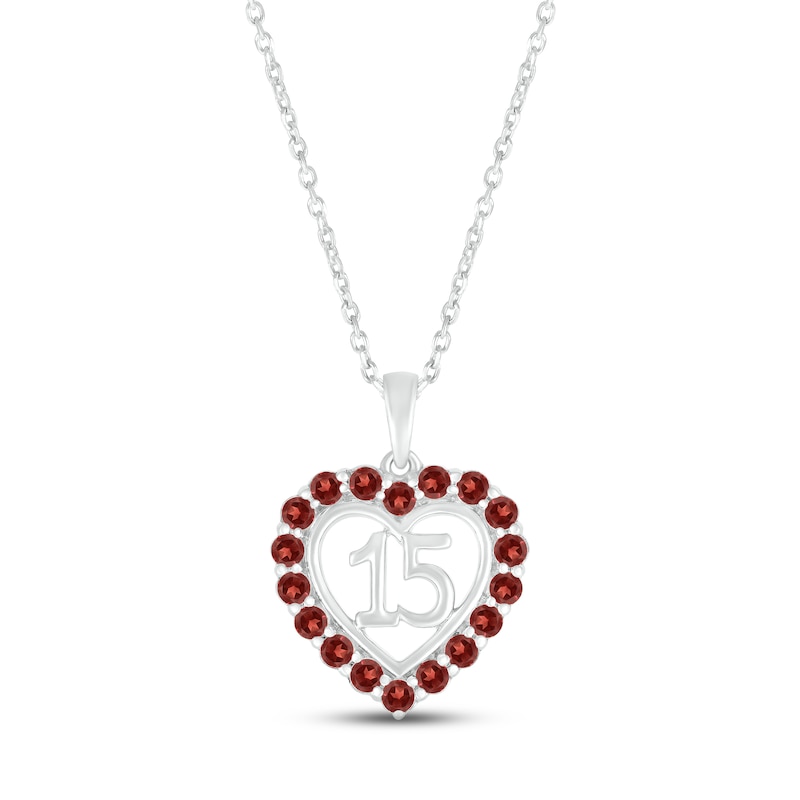 Garnet Quinceañera Heart Necklace Sterling Silver 18"