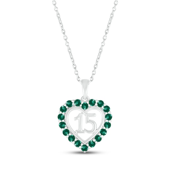 Lab-Created Emerald Quinceañera Heart Necklace Sterling Silver 18"
