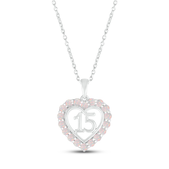 Lab-Created Opal Quinceañera Heart Necklace Sterling Silver 18"