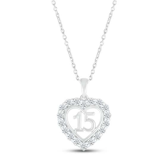 White Lab-Created Sapphire Quinceañera Heart Necklace Sterling Silver 18"