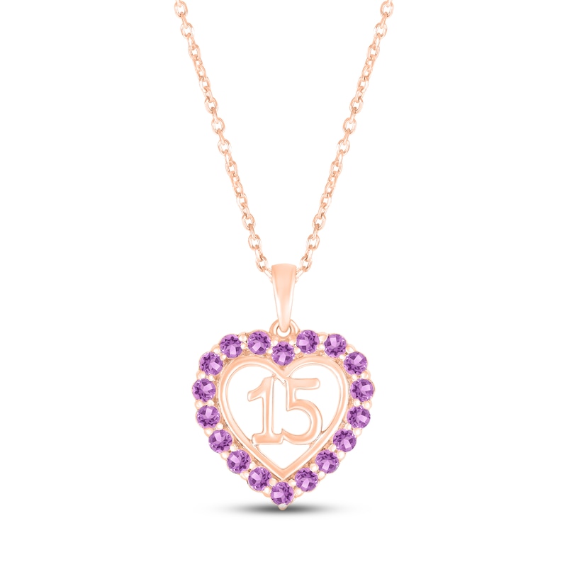 Main Image 1 of Amethyst Quinceañera Heart Necklace 10K Rose Gold 18&quot;