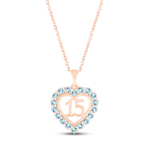 Aquamarine Quinceañera Heart Necklace 10K Rose Gold 18"