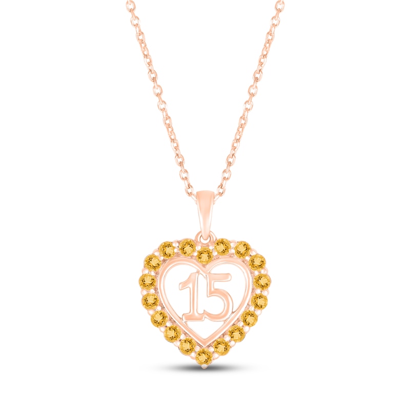 Citrine Quinceañera Heart Necklace 10K Rose Gold 18"