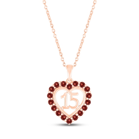 Garnet Quinceañera Heart Necklace 10K Rose Gold 18"