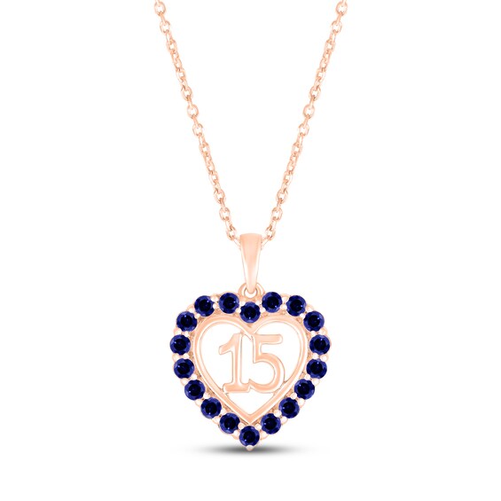 Blue Lab-Created Sapphire Quinceañera Heart Necklace 10K Rose Gold 18"