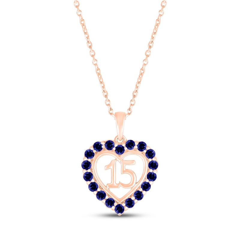 Main Image 1 of Blue Lab-Created Sapphire Quinceañera Heart Necklace 10K Rose Gold 18"