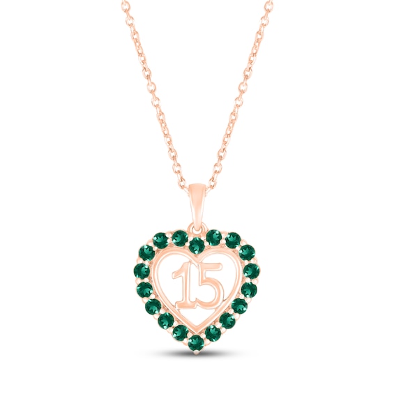 Lab-Created Emerald Quinceañera Heart Necklace 10K Rose Gold 18"
