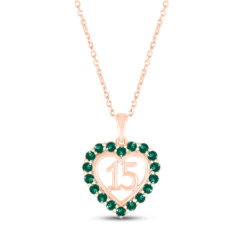Main Image 1 of Lab-Created Emerald Quinceañera Heart Necklace 10K Rose Gold 18&quot;