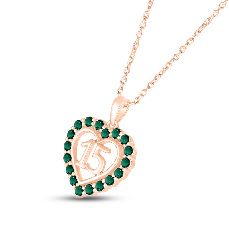 Main Image 2 of Lab-Created Emerald Quinceañera Heart Necklace 10K Rose Gold 18&quot;