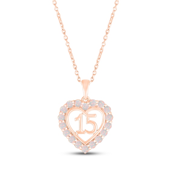 Lab-Created Opal Quinceañera Heart Necklace 10K Rose Gold 18"