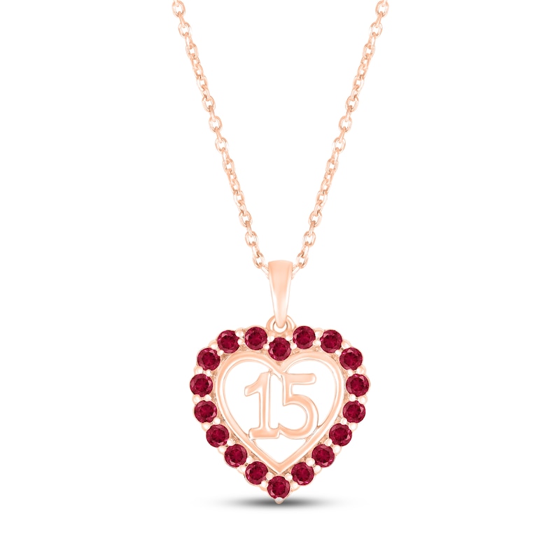 Lab-Created Ruby Quinceañera Heart Necklace 10K Rose Gold 18"
