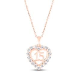 White Lab-Created Sapphire Quinceañera Heart Necklace 10K Rose Gold 18"