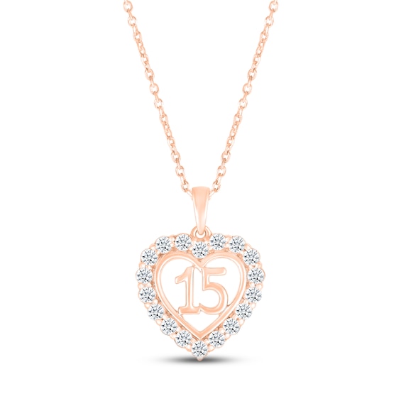 White Lab-Created Sapphire Quinceañera Heart Necklace 10K Rose Gold 18"