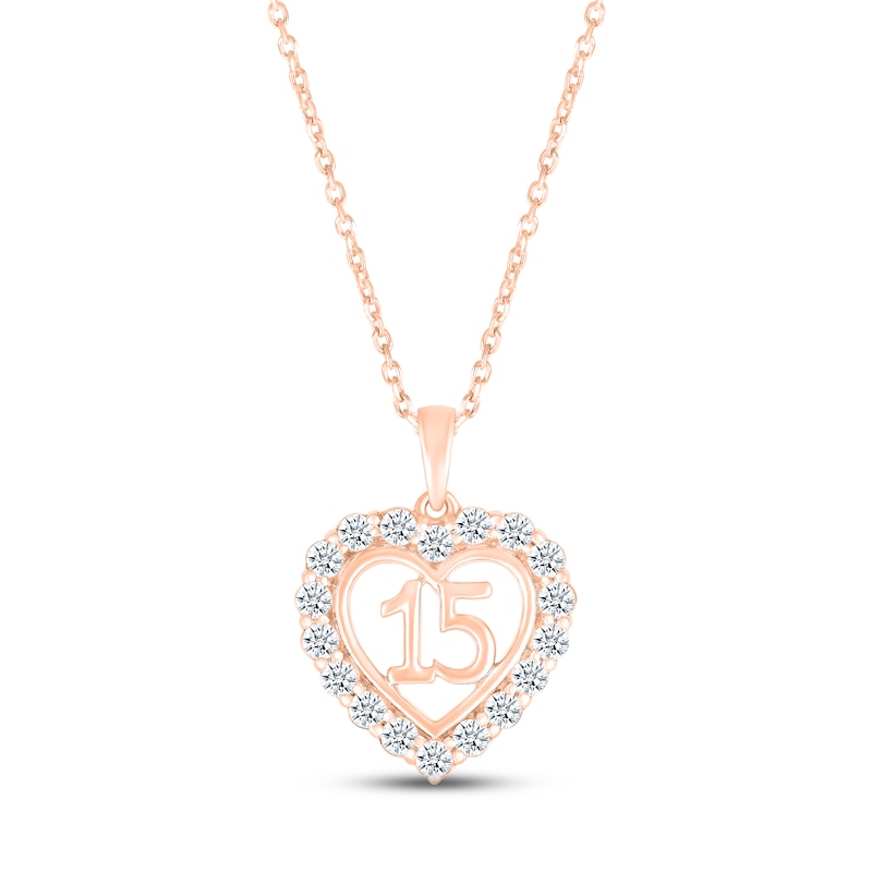 Main Image 1 of White Lab-Created Sapphire Quinceañera Heart Necklace 10K Rose Gold 18&quot;