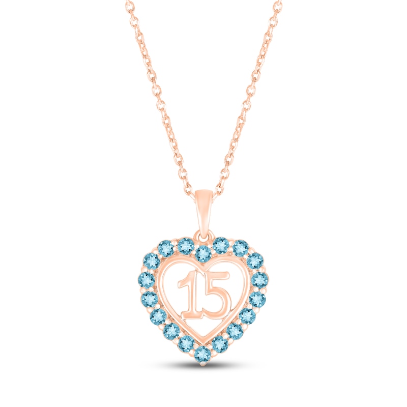 Main Image 1 of Swiss Blue Topaz Quinceañera Heart Necklace 10K Rose Gold 18&quot;