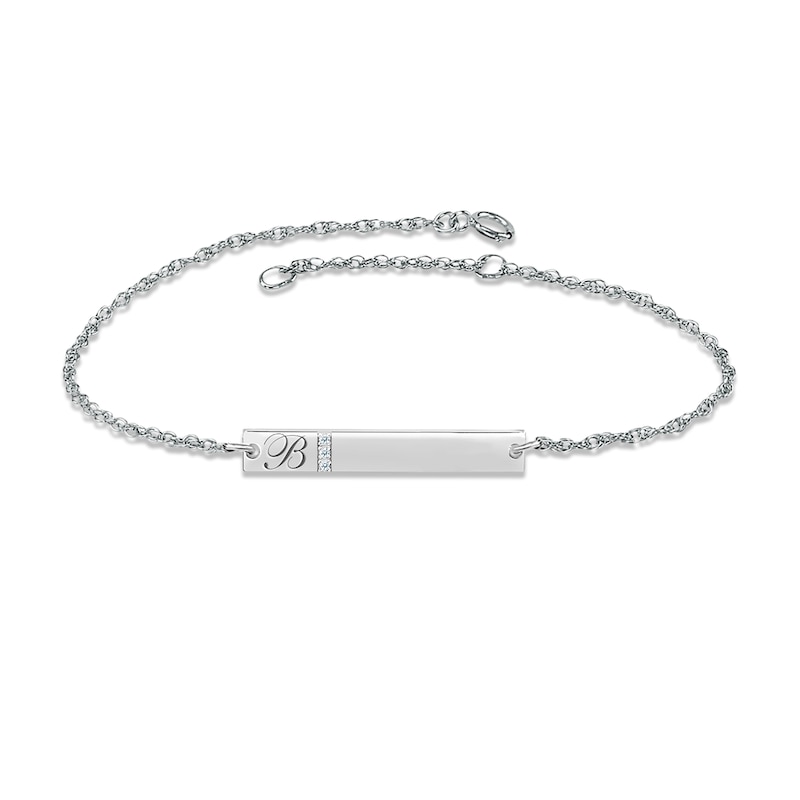 Diamond Initial Bar Bracelet Sterling Silver 7.25"