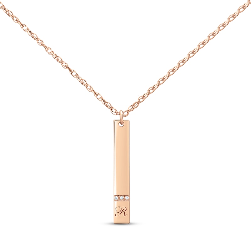 Diamond Initial Vertical Bar Necklace 14K Rose Gold 18"