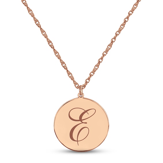Script Initial Disc Necklace 14K Rose Gold 18"