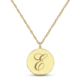 Script Initial Disc Necklace 14K Yellow Gold 18"