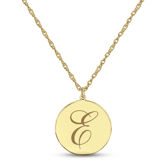Script Initial Disc Necklace 14K Yellow Gold 18"