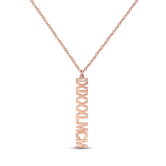Diamond Roman Numeral Vertical Necklace 14K Rose Gold 18"