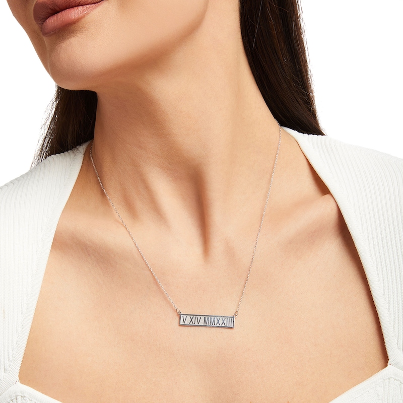 Roman Numeral Bar Necklace 10K White Gold 18"