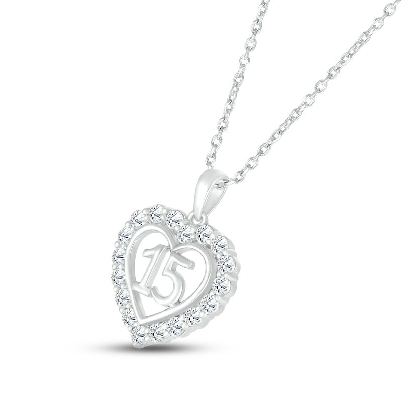 White Lab-Created Sapphire Quinceañera Heart Necklace 10K White Gold 18"