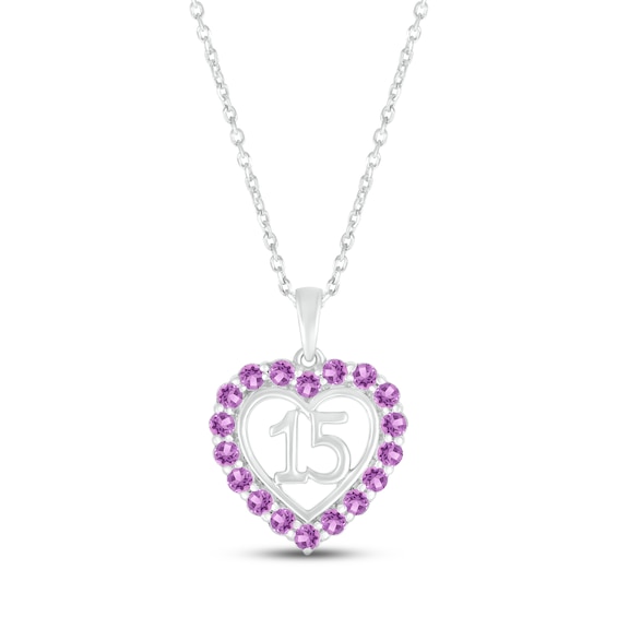 Amethyst Quinceañera Heart Necklace 10K White Gold 18"