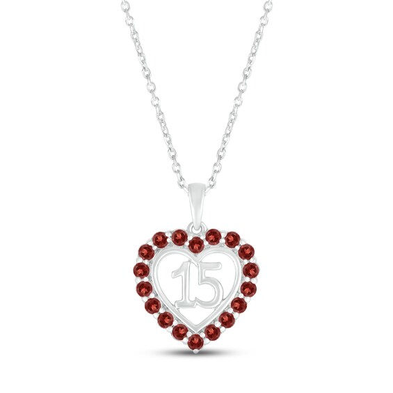 Garnet Quinceañera Heart Necklace 10K White Gold 18"