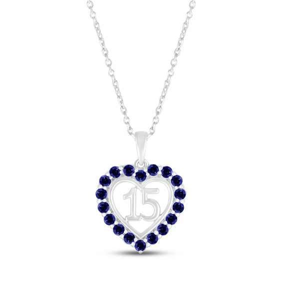 Blue Lab-Created Sapphire Quinceañera Heart Necklace 10K White Gold 18"