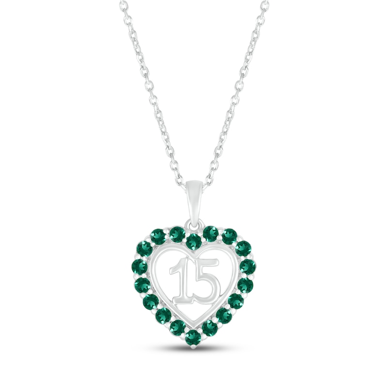 Main Image 1 of Lab-Created Emerald Quinceañera Heart Necklace 10K White Gold 18&quot;