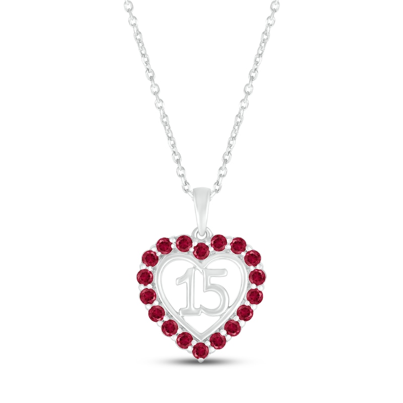Lab-Created Ruby Quinceañera Heart Necklace 10K White Gold 18"