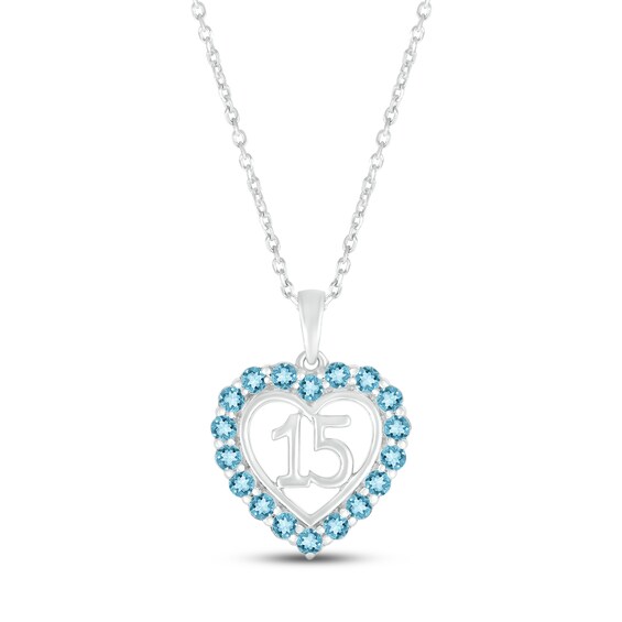Swiss Blue Topaz Quinceañera Heart Necklace 10K White Gold 18"