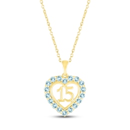 Aquamarine Quinceañera Heart Necklace 10K Yellow Gold 18"