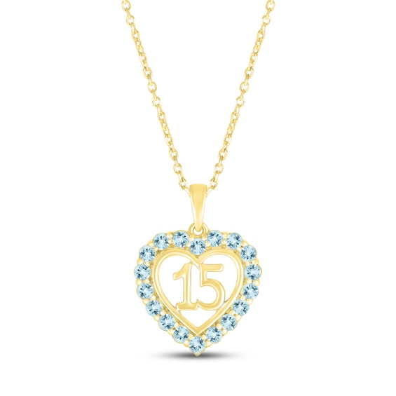 Aquamarine Quinceañera Heart Necklace 10K Yellow Gold 18"