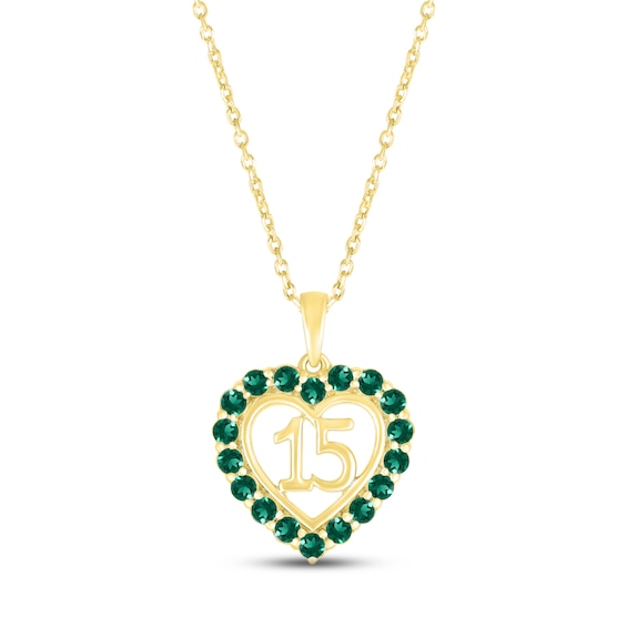 Lab-Created Emerald Quinceañera Heart Necklace 10K Yellow Gold 18"