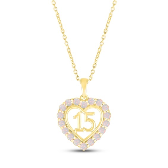 Lab-Created Opal Quinceañera Heart Necklace 10K Yellow Gold 18"