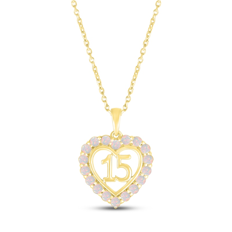 Lab-Created Opal Quinceañera Heart Necklace 10K Yellow Gold 18"