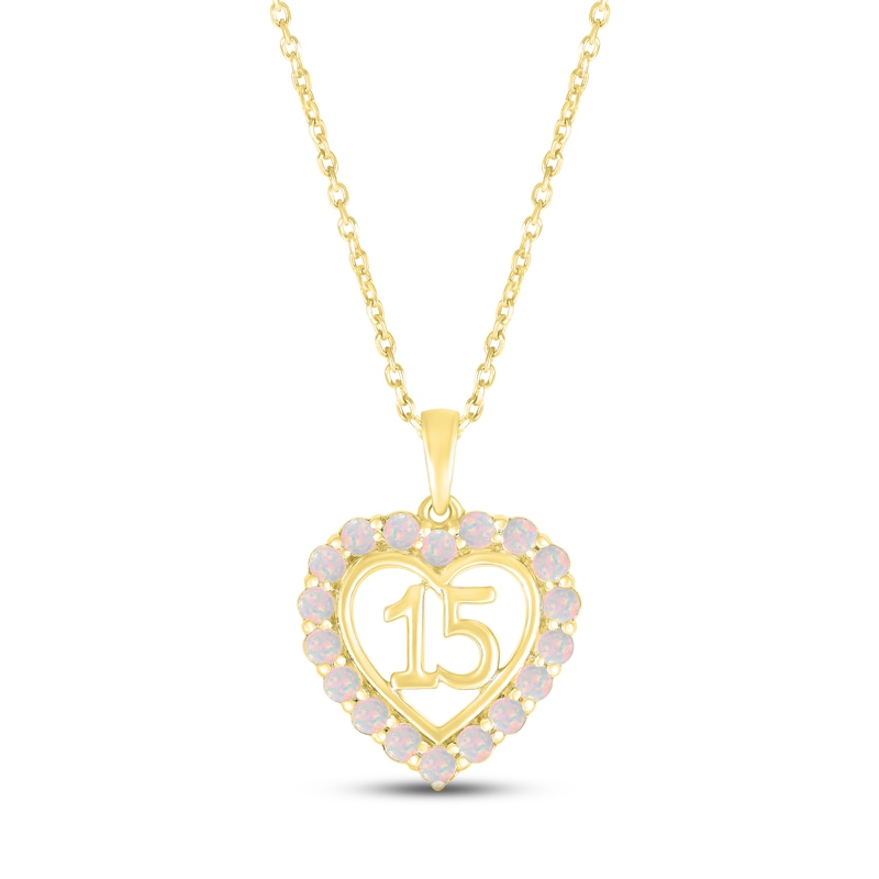 Main Image 1 of Lab-Created Opal Quinceañera Heart Necklace 10K Yellow Gold 18&quot;