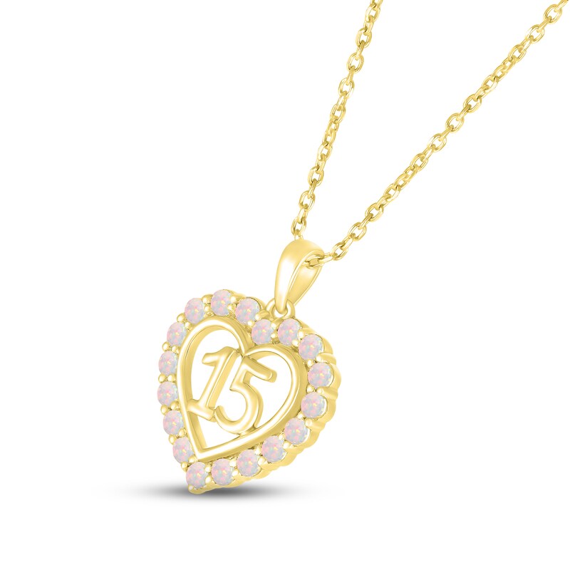 Main Image 2 of Lab-Created Opal Quinceañera Heart Necklace 10K Yellow Gold 18&quot;