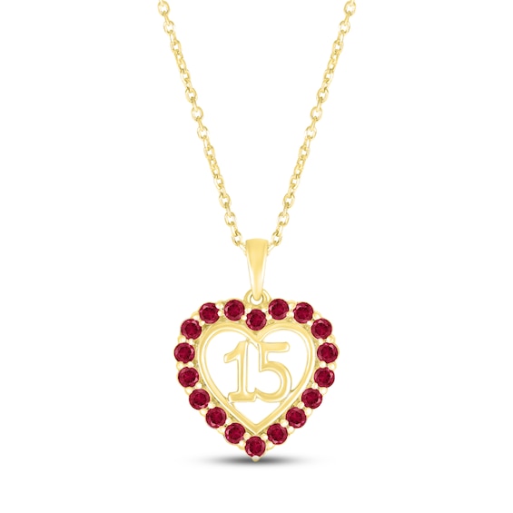 Lab-Created Ruby Quinceañera Heart Necklace 10K Yellow Gold 18"